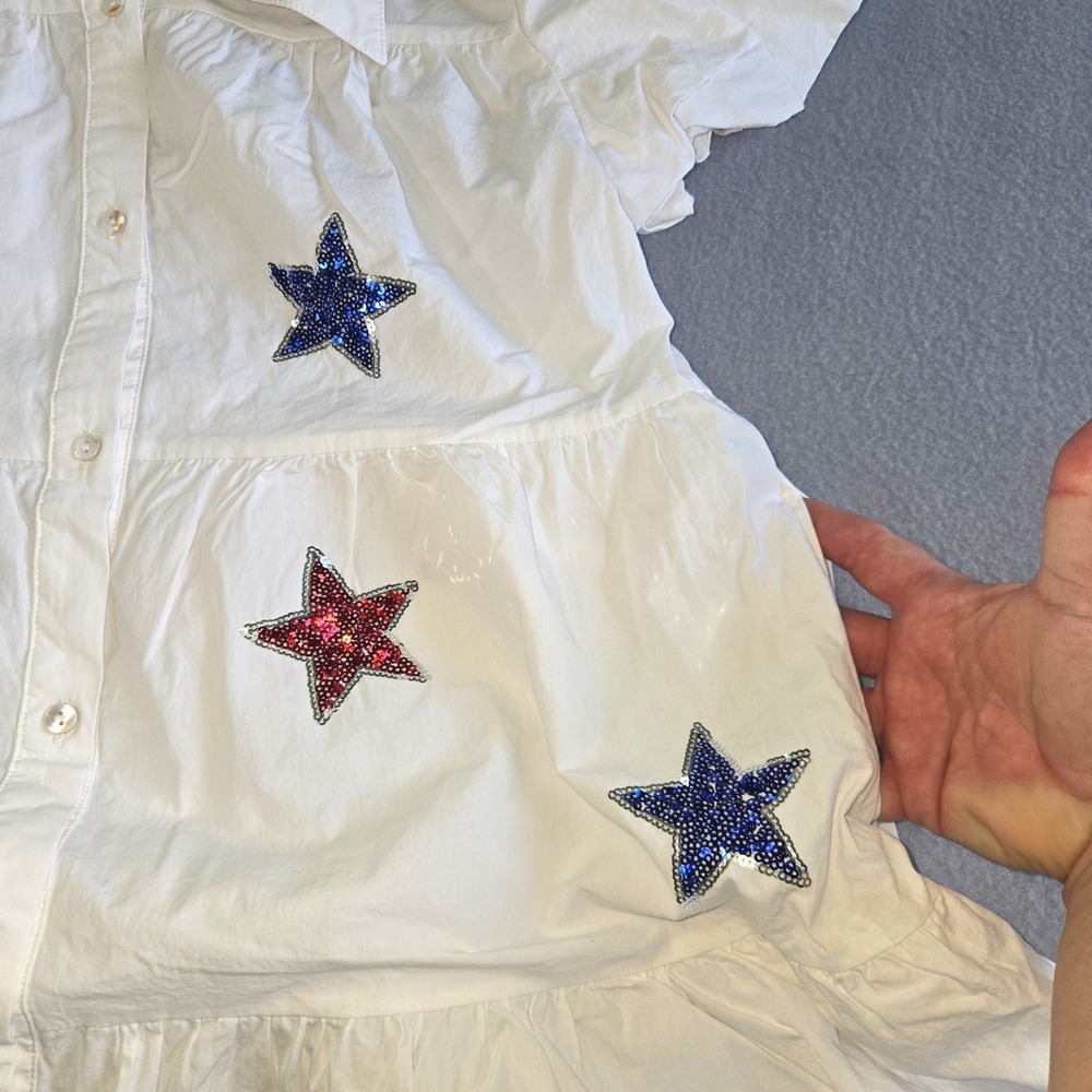 Peach Love California Sequin Star Shirt Dress Women Small White Patriotic Puff S - Picture 3 of 7